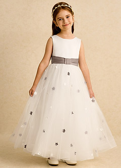 Azazie Cricket Flower Girl Dresses Ivory Taupe Ball-Gown Pleated Matte Satin Dress image1
