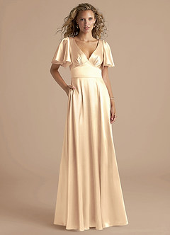 Azazie Kimber Bridesmaid Dresses Gold A-Line Ruched Metallic Satin Dress image1