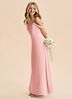 Azazie Lettie Junior Powder Pink A-Line Off the Shoulder Stretch Satin Dress image1