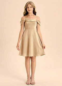 Azazie Anselie Junior Champagne A-Line Pleated Stretch Satin Dress image3