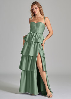 Azazie Faye Vestidos de damas de honor Vestido de Matcha de Satén Elástico de Corte en A con Volante image8