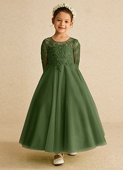 Azazie Precious Flower Girl Dresses Olive A-Line Lace Tulle Dress image4
