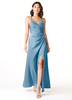 Azazie Geanna Bridesmaid Dresses Steel Blue Sheath V-Neck Pleated Stretch Satin Dress image1
