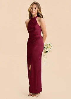 Azazie Jemma Junior Burgundy Sheath Ruched Stretch Satin Dress image5