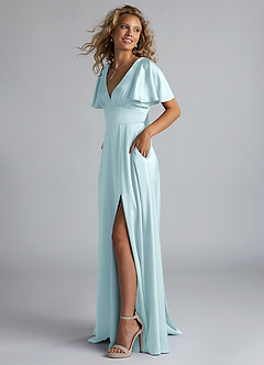 Azazie Kimber Bridesmaid Dresses Cloud Blue A-Line Ruched Stretch Satin Dress image6