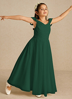 Azazie Chelle vestidos de niña de las flores Vestido de Verde Oscuro de Gasa de Corte En A con Plisado image3