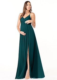 Azazie Annabelle Robes de demoiselle d'honneur de maternité Robe Trapèze Col V plissé Longueur ras du sol Maille image1