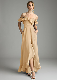 Azazie Lyra Bridesmaid Dresses Gold A-Line Off the Shoulder Stretch Satin Convertible Dress image6