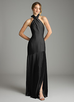 Azazie Nayeli Jurken voor bruidsmeisjes Jurk van Stretch Satijn met A-Lijn Geplooid Zwart image3