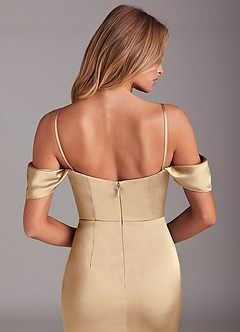 Azazie Saige Bridesmaid Dresses Champagne Sheath Off the Shoulder Stretch Satin Dress image8
