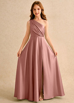 Azazie Puddles Girls Formal Flower Girl Dresses Rosette A-Line One Shoulder Stretch Satin Dress image5