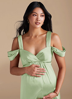 Azazie Rhea Vestidos de dama de honra para maternidade Vestir Linha A Plissado Comprimento do chão Cetim Metálico image3