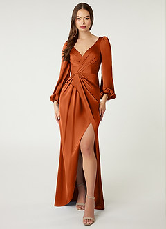 Azazie Mel Bridesmaid Dresses Burnt Orange Sheath Long Sleeve Stretch Satin Dress image1