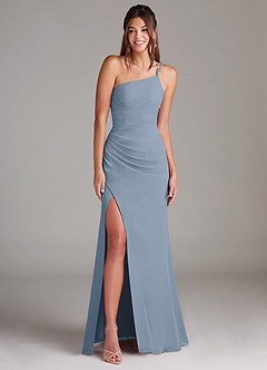 Azazie Eren Bridesmaid Dresses Dusty Blue Sheath One Shoulder Chiffon Dress image3