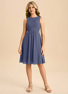 Azazie Skyla Junior Jurk van Chiffon met A-Lijn Geplooid Stormachtig image3