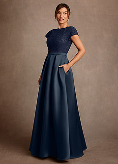 Azazie Albany Mother of the Bride Dresses Dark Navy A-Line Pleated Lace Dress image2