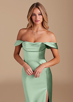 Azazie Saige Brautjungfernkleider Wandelbar A-Linie Schulterfrei Metallischer Satin Kleid Matcha image3