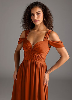 Azazie Lianne Bridesmaid Dresses Burnt Orange A-Line Off the Shoulder Stretch Satin Dress image5