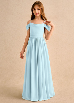 Azazie Shia Girls Formal Robe Demoiselle D'honneur Fillette Robe Trapèze en Mousseline de soie Épaules dénudées Bleu Nuage image3