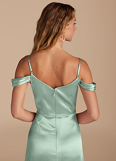 Azazie Ocean Final Sale Agave A-Line Off the Shoulder Metallic Satin Dress image5