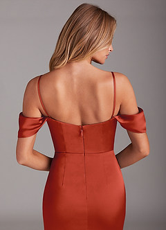 Azazie Saige Bridesmaid Dresses Rust Sheath Off the Shoulder Stretch Satin Dress image8