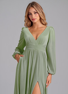 Azazie Norah Bridesmaid Dresses Dusty Sage A-Line Long Sleeve Velvet Dress image2