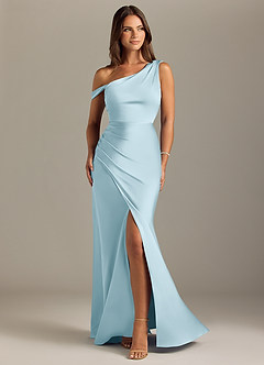 Azazie Madelyn Bridesmaid Dresses Sky Blue Mermaid Off the Shoulder Stretch Satin Convertible Dress image1
