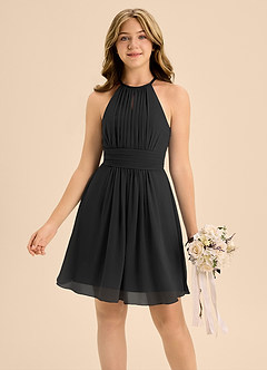 Azazie Bonnie Junior Black A-Line Pleated Chiffon Dress image3