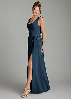 Azazie Novi Vestidos de damas de honor Vestido Azul Marino Oscuro de Gasa de Línea A con Plisado image4