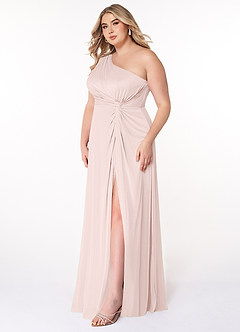 Azazie Brooke Bridesmaid Dresses Blushing Pink A-Line One Shoulder Mesh Dress image8
