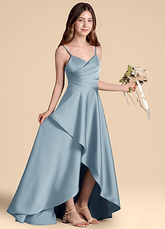 Azazie Prisha Junior Jurk van Stretch Satijn met A-Lijn Geplooid Stoffig Blauw image8