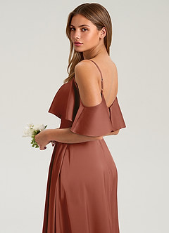 Azazie Jean Bridesmaid Dresses Auburn A-Line Off the Shoulder Stretch Satin Dress image7