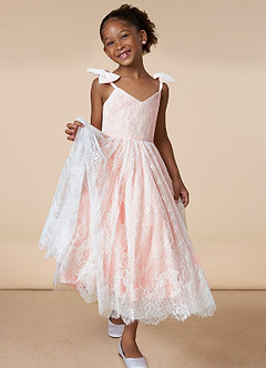 Azazie Tilly Flower Girl Dresses Diamond White Blushing Pink A-Line Lace Dress image1