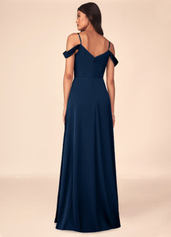 Azazie Ocean Bridesmaid Dresses Dark Navy A-Line V-Neck Pleated Stretch Satin Dress image2
