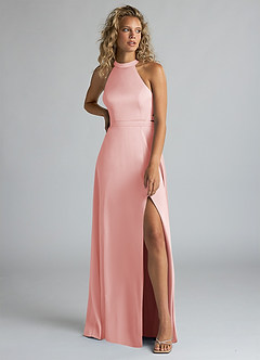 Azazie Clarice Bridesmaid Dresses Powder Pink A-Line High Neck Stretch Satin Dress image5