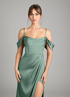 Azazie Johana Vestidos de damas de honor Vestido de Eucalipto de Satén Elástico de Corte Sirena Convertible con Vestidos sin tirantes image4