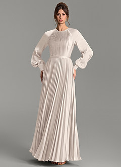 Azazie Grayson Bridesmaid Dresses White Alabaster A-Line Long Sleeve Stretch Satin Dress image3