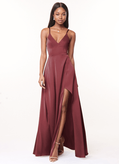 Azazie Maksim Bridesmaid Dresses Merlot A-Line V-Neck Stretch Satin Dress image1