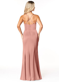 Azazie Marzia Vestidos de damas de honor Vestido de Rosetón de Satén Elástico de Corte Recto con Cuello V Plisado image2
