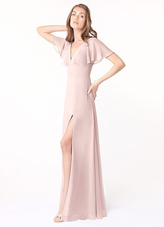Azazie Kimber Bridesmaid Dresses Blushing Pink A-Line Flounce Sleeve Chiffon Dress image3