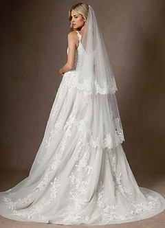 front Floral Lace Edge Two Tier Fingertip Wedding Veil with Blusher