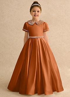 Azazie Gabriella Flower Girl Dresses Copper Ball-Gown with Sleeves Matte Satin Dress image4