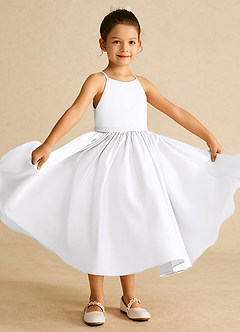 Azazie Sunray Flower Girl Dresses White A-Line Spaghetti Strap Matte Satin Dress image1