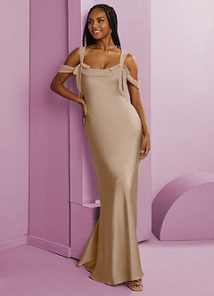 Barbie ♥ Azazie Jurken voor bruidsmeisjes Jurk van Stretch Satijn met Kolom Geplooid Taupe image10
