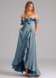 Azazie Lyra Bridesmaid Dresses Dusty Blue A-Line Off the Shoulder Stretch Satin Convertible Dress image3
