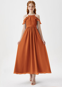 Azazie Chaya Junior Cinnamon A-Line Off the Shoulder Chiffon Dress image4