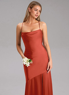 Azazie Grata Bridesmaid Dresses Rust Sheath Side Slit Stretch Satin Dress image6