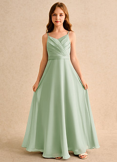 Azazie Umina Girls Formal Robe Demoiselle D'honneur Fillette Robe Trapèze en Mat Satiné Plissée Vert Sauge image4