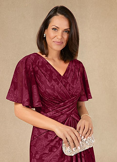 Azazie Emmeline Mother of the Bride Dresses Burgundy A-Line Pleated Floral Burnout Dress image4