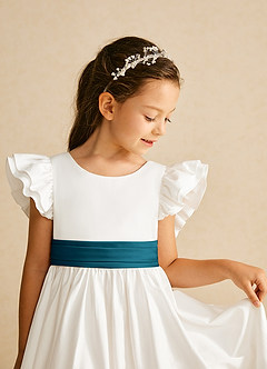 Azazie Aero Flower Girl Dresses Ivory Ink Blue A-Line Pleated Cotton Dress image3